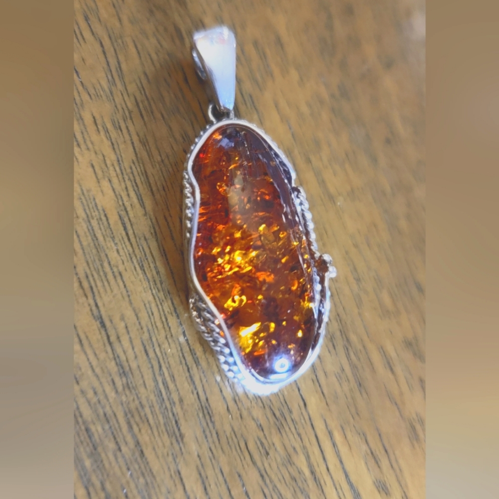 Beautiful Amber Sterling Silver Pendant, made in Poland